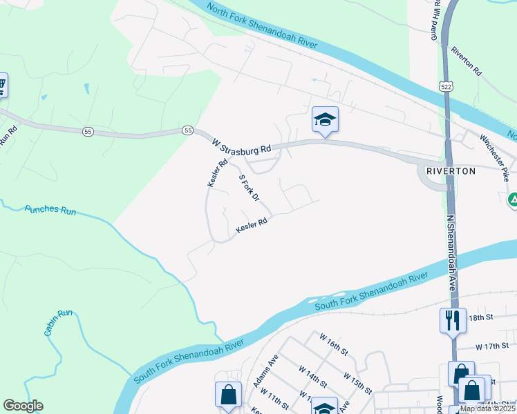 map of restaurants, bars, coffee shops, grocery stores, and more near 1185 South Fork Drive in Front Royal