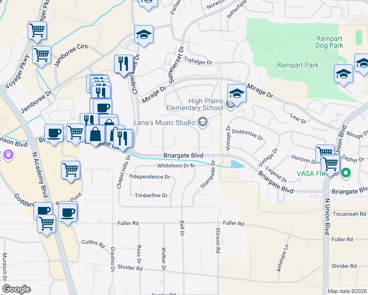 map of restaurants, bars, coffee shops, grocery stores, and more near 2113 Peacemaker Terrace East in Colorado Springs