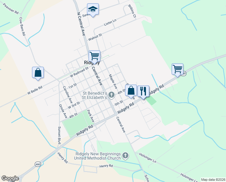 map of restaurants, bars, coffee shops, grocery stores, and more near 308 Central Avenue in Ridgely
