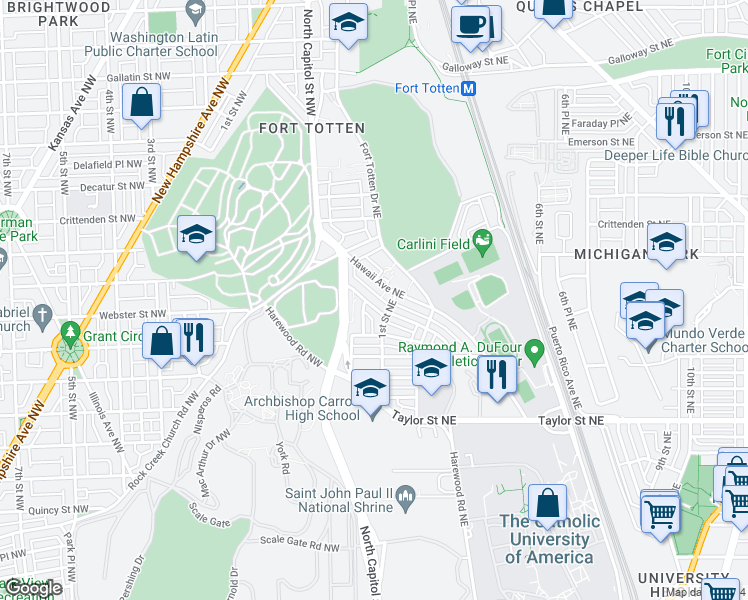 map of restaurants, bars, coffee shops, grocery stores, and more near 86 Webster Street Northeast in Washington