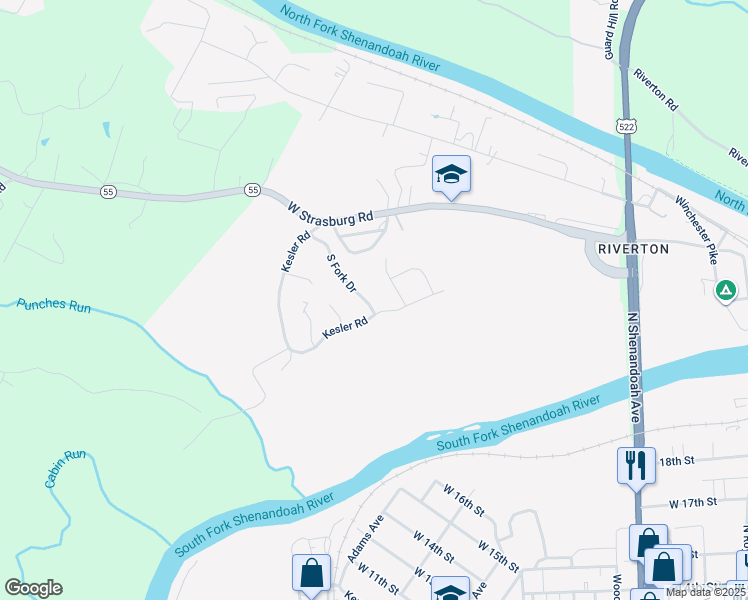 map of restaurants, bars, coffee shops, grocery stores, and more near 1182 South Fork Drive in Front Royal