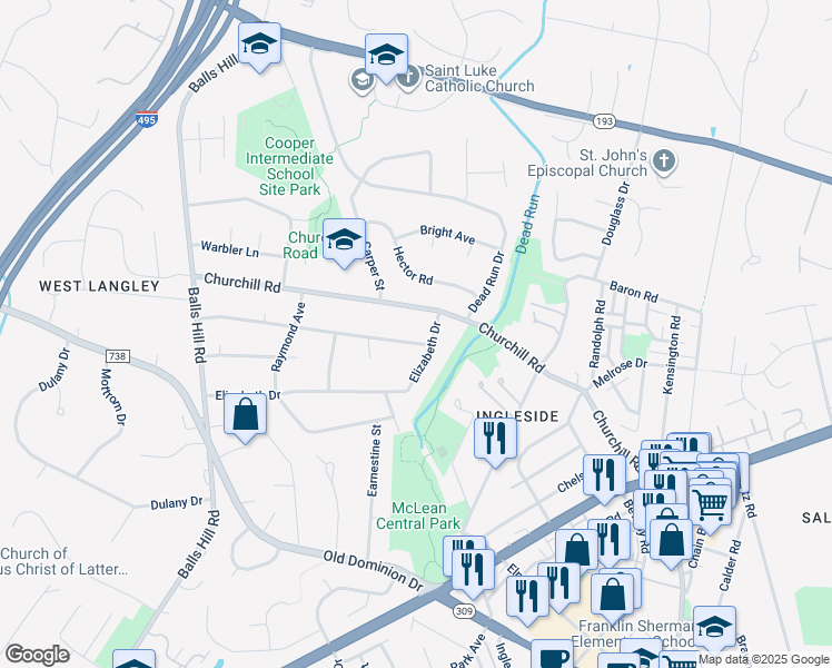 map of restaurants, bars, coffee shops, grocery stores, and more near 7002 Capitol View Drive in McLean