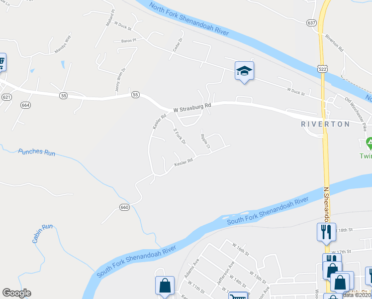 map of restaurants, bars, coffee shops, grocery stores, and more near 1185 South Fork Drive in Front Royal