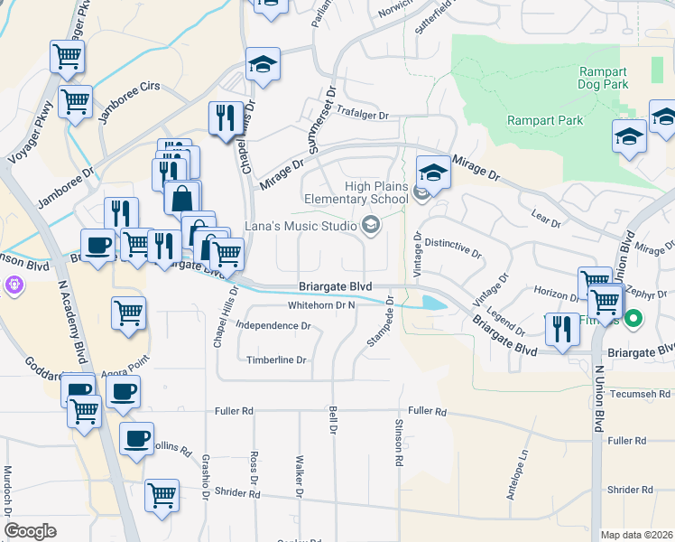 map of restaurants, bars, coffee shops, grocery stores, and more near 2113 Peacemaker Terrace East in Colorado Springs