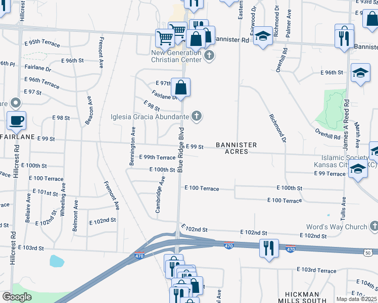 map of restaurants, bars, coffee shops, grocery stores, and more near 9911 Blue Ridge Boulevard in Kansas City