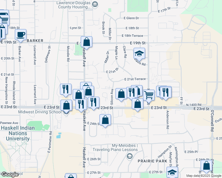 map of restaurants, bars, coffee shops, grocery stores, and more near 2211 Silicon Avenue in Lawrence