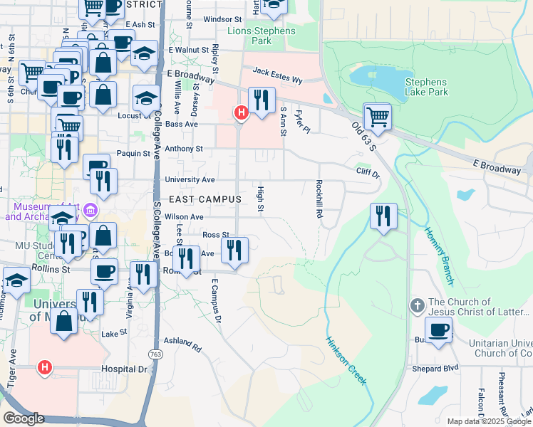 map of restaurants, bars, coffee shops, grocery stores, and more near 1619 Wilson Avenue in Columbia