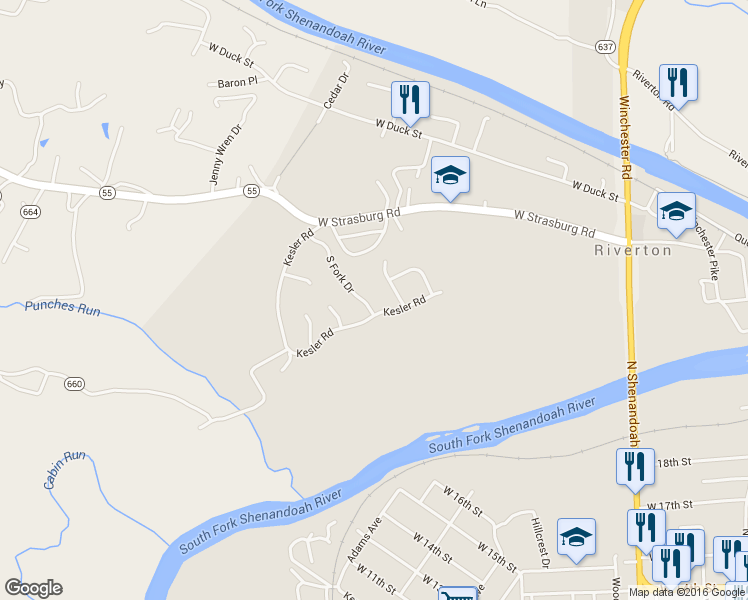map of restaurants, bars, coffee shops, grocery stores, and more near 1182 South Fork Drive in Front Royal