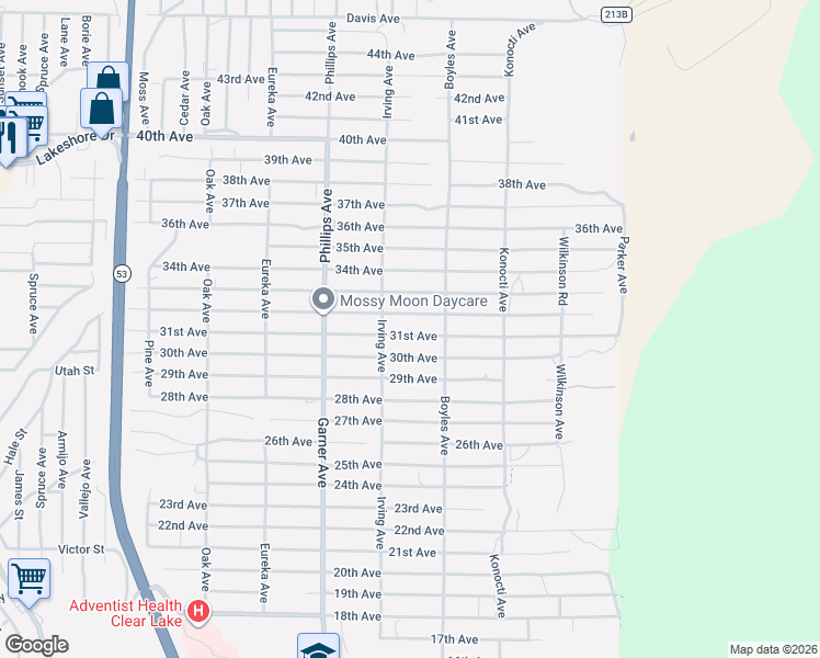 map of restaurants, bars, coffee shops, grocery stores, and more near 16064 31st Avenue in Clearlake
