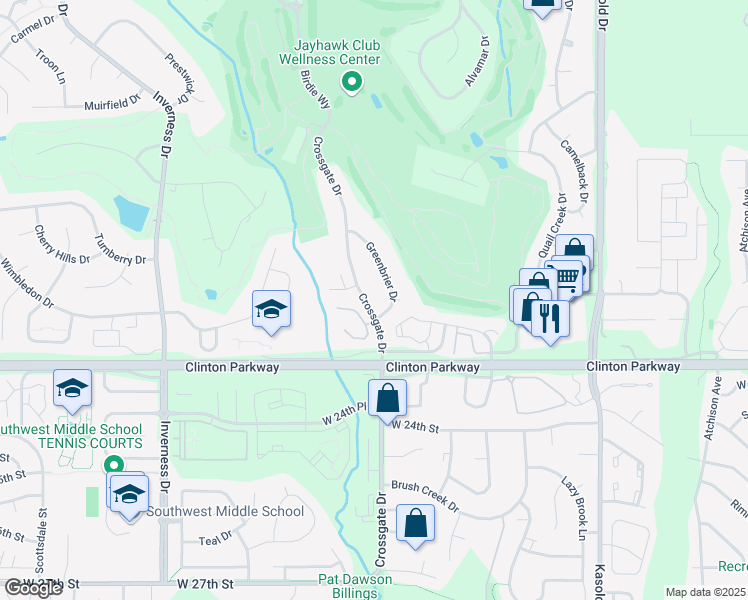 map of restaurants, bars, coffee shops, grocery stores, and more near 2202 Crossgate Drive in Lawrence