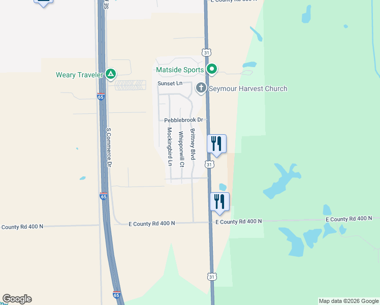 map of restaurants, bars, coffee shops, grocery stores, and more near 1168 Brittney Boulevard in Seymour