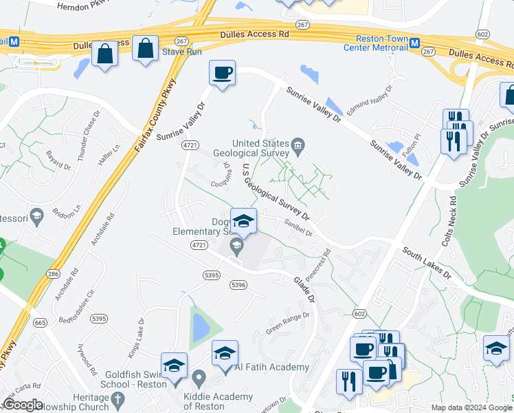 map of restaurants, bars, coffee shops, grocery stores, and more near 2240 Sanibel Drive in Reston