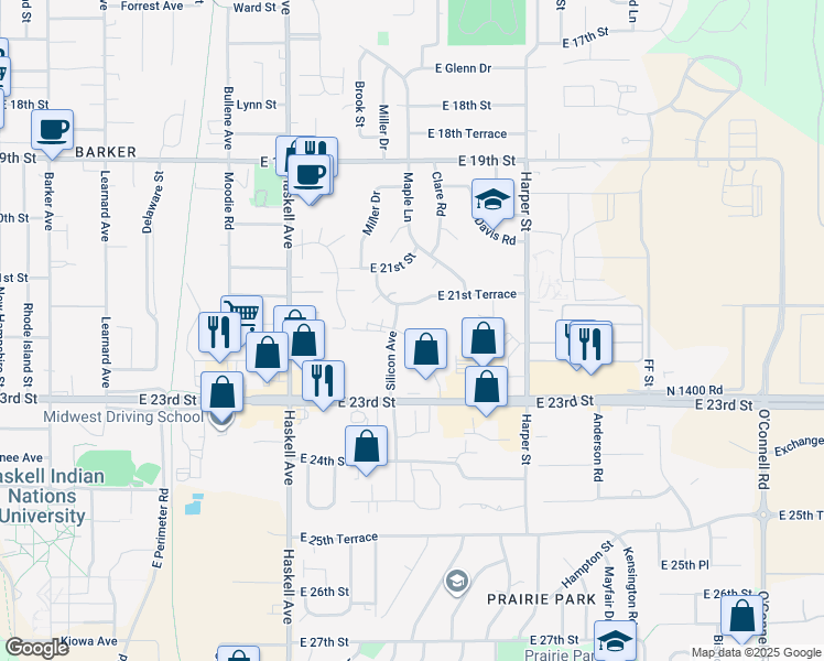 map of restaurants, bars, coffee shops, grocery stores, and more near 2130 Silicon Avenue in Lawrence