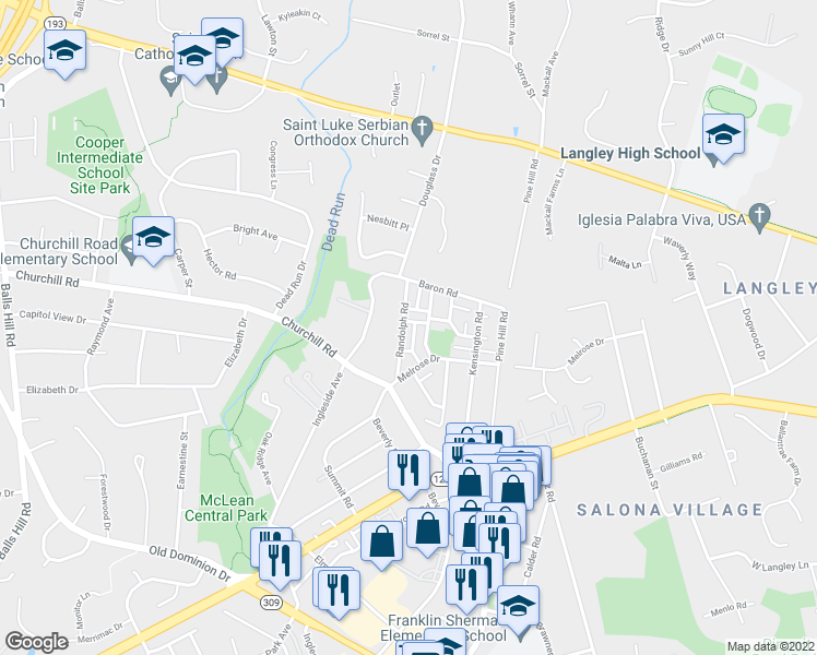 map of restaurants, bars, coffee shops, grocery stores, and more near 1143 Randolph Road in McLean