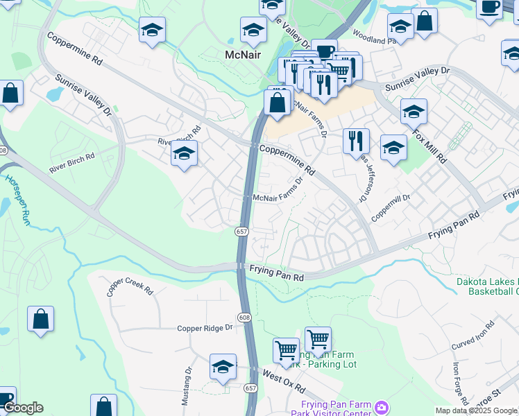 map of restaurants, bars, coffee shops, grocery stores, and more near 2561 Cornelia Road in Herndon