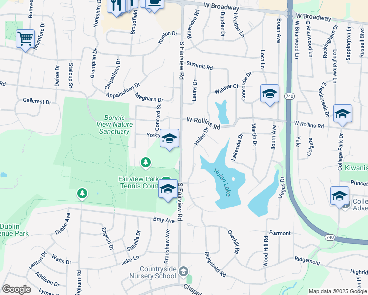 map of restaurants, bars, coffee shops, grocery stores, and more near 900 South Fairview Road in Columbia