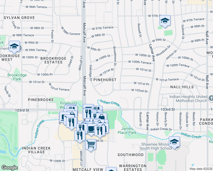 map of restaurants, bars, coffee shops, grocery stores, and more near 10227 Oakridge Circle in Overland Park