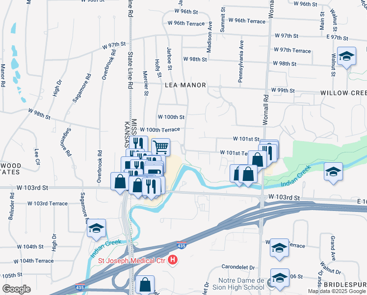 map of restaurants, bars, coffee shops, grocery stores, and more near 1003 West 101st Terrace in Kansas City