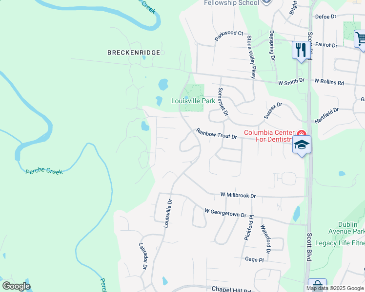 map of restaurants, bars, coffee shops, grocery stores, and more near 1100 Rainbow Trout Drive in Columbia
