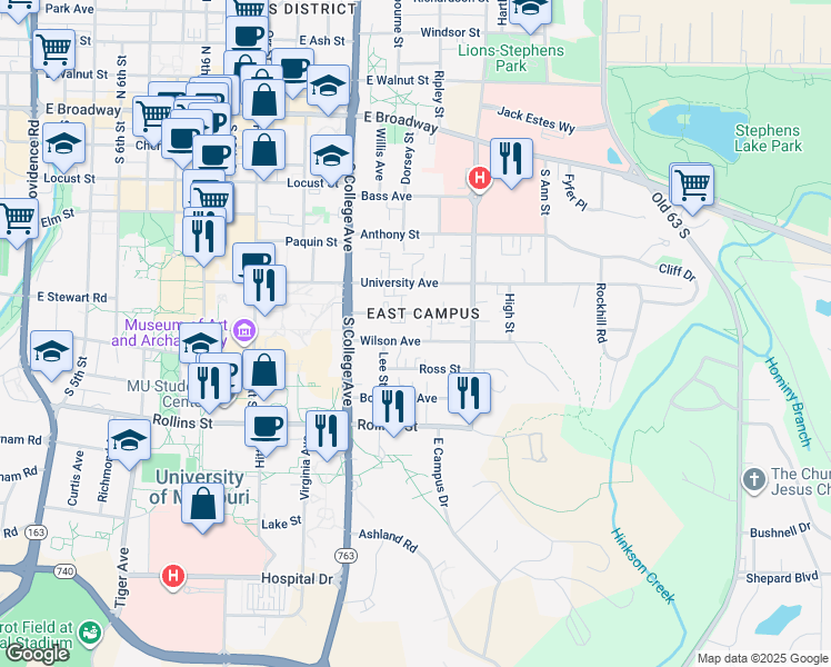 map of restaurants, bars, coffee shops, grocery stores, and more near 1416 Wilson Avenue in Columbia