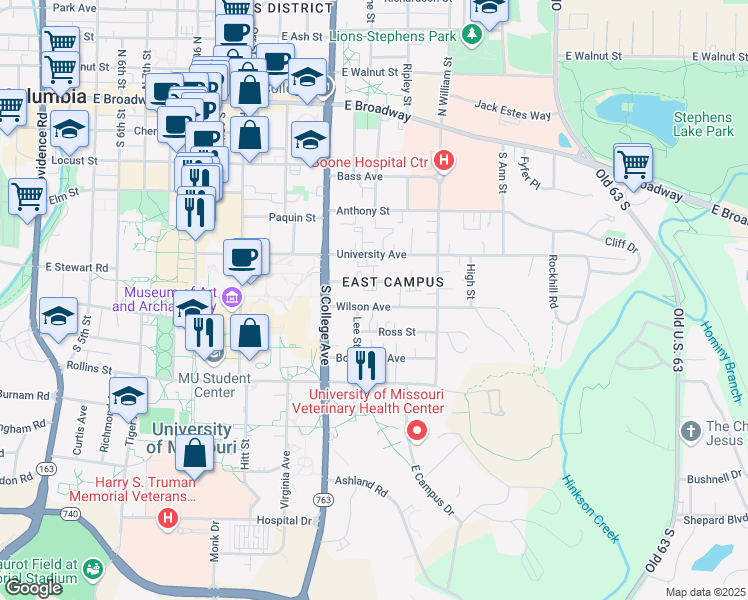 map of restaurants, bars, coffee shops, grocery stores, and more near 1400 Wilson Avenue in Columbia