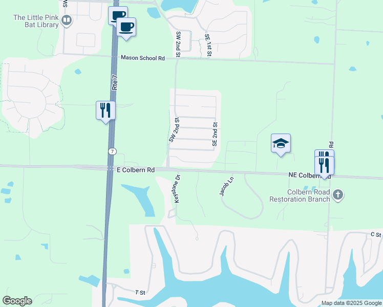map of restaurants, bars, coffee shops, grocery stores, and more near 114 Southwest Little Garden Lane in Blue Springs