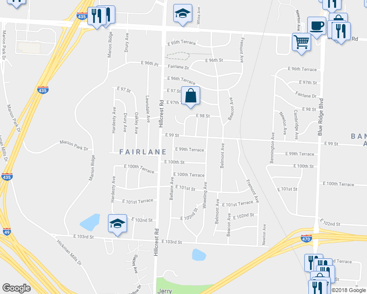 map of restaurants, bars, coffee shops, grocery stores, and more near 6001 East 99th Terrace in Kansas City