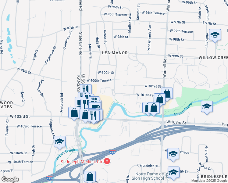 map of restaurants, bars, coffee shops, grocery stores, and more near 1003 West 101st Terrace in Kansas City