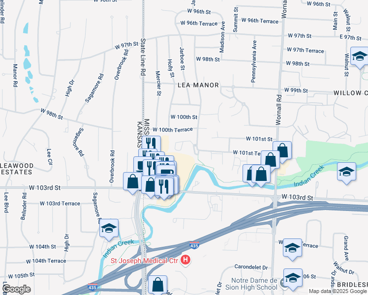 map of restaurants, bars, coffee shops, grocery stores, and more near 1101 West 101st Terrace in Kansas City