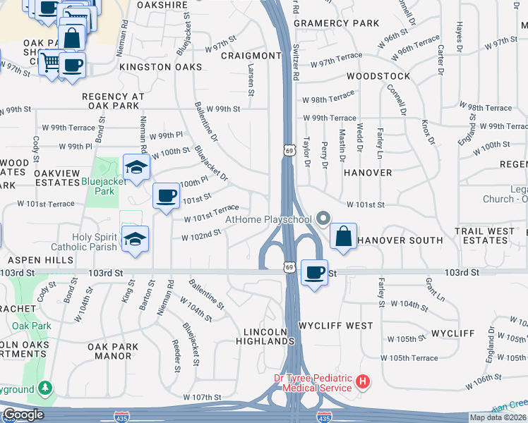 map of restaurants, bars, coffee shops, grocery stores, and more near 10212 Melrose Street in Overland Park