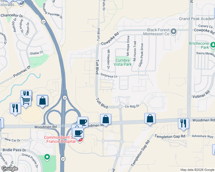 map of restaurants, bars, coffee shops, grocery stores, and more near 6115 Sorpresa Lane in Colorado Springs