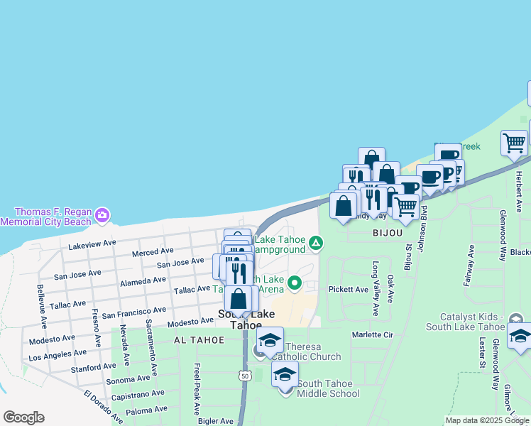 map of restaurants, bars, coffee shops, grocery stores, and more near in South Lake Tahoe