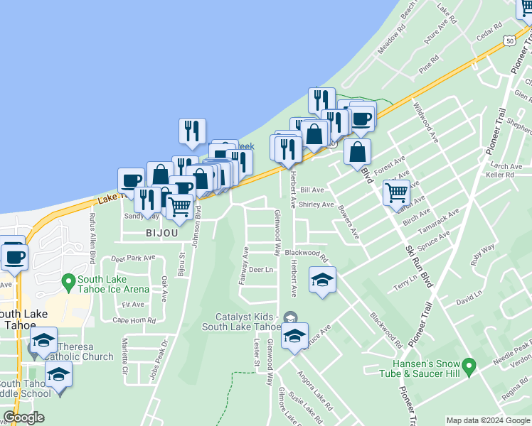 map of restaurants, bars, coffee shops, grocery stores, and more near 1032 Glenwood Way in South Lake Tahoe