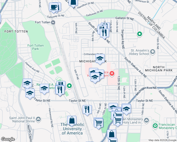 map of restaurants, bars, coffee shops, grocery stores, and more near 725 Buchanan Street Northeast in Washington