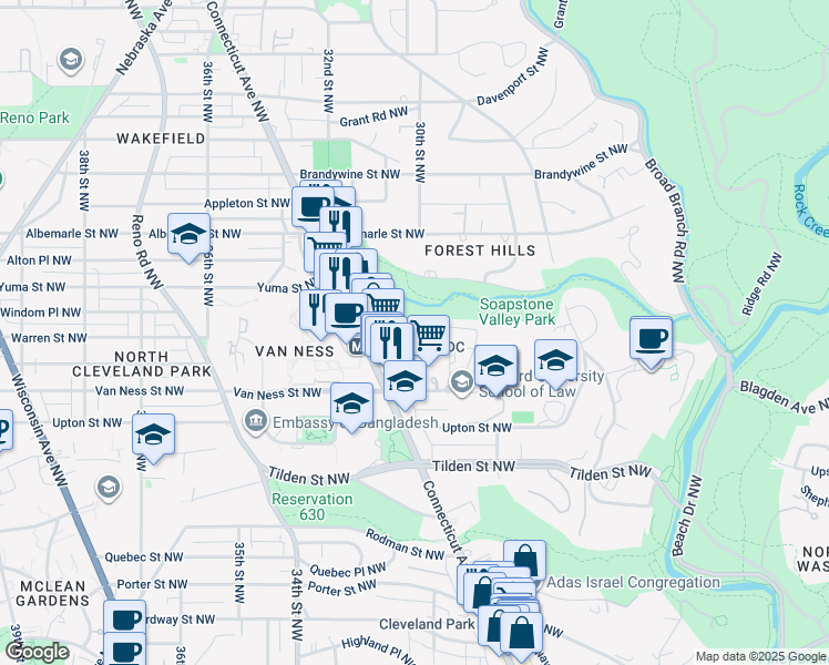 map of restaurants, bars, coffee shops, grocery stores, and more near 3001 Veazey Terrace Northwest in Washington