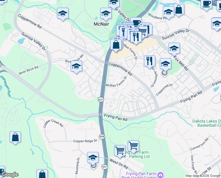 map of restaurants, bars, coffee shops, grocery stores, and more near 2551 Cornelia Road in Herndon