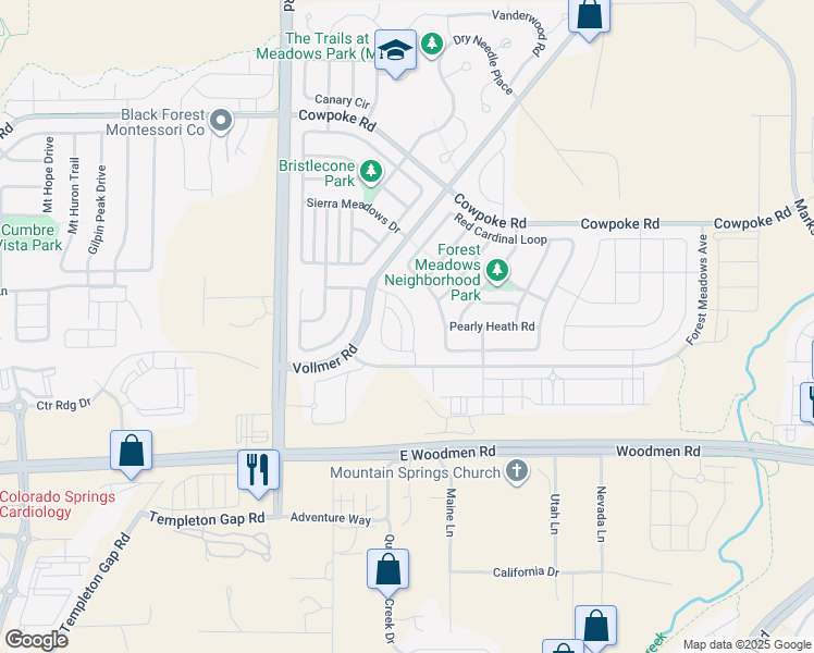 map of restaurants, bars, coffee shops, grocery stores, and more near 7645 Kiana Drive in Colorado Springs