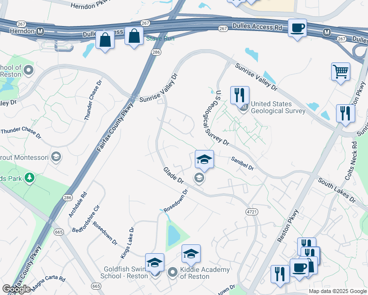 map of restaurants, bars, coffee shops, grocery stores, and more near 2260 Marginella Drive in Reston