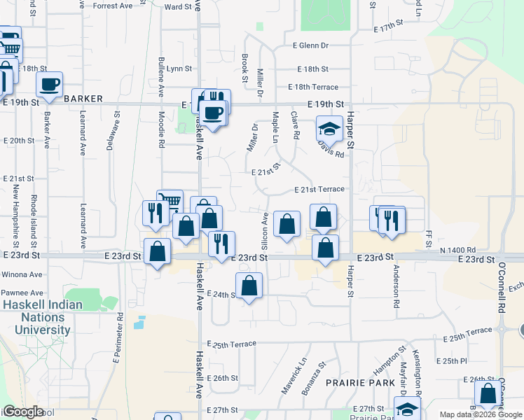 map of restaurants, bars, coffee shops, grocery stores, and more near 1336 Crosswinds Court in Lawrence