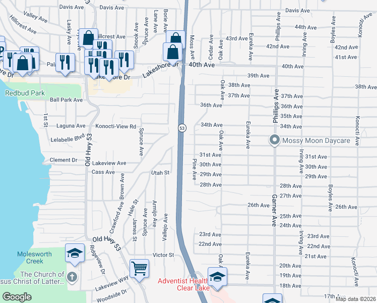 map of restaurants, bars, coffee shops, grocery stores, and more near 15530 31st Avenue in Clearlake