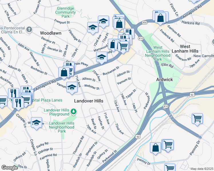 map of restaurants, bars, coffee shops, grocery stores, and more near 4408 73rd Avenue in Hyattsville