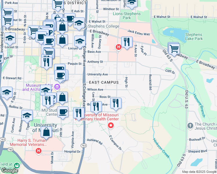 map of restaurants, bars, coffee shops, grocery stores, and more near 1503 Wilson Avenue in Columbia