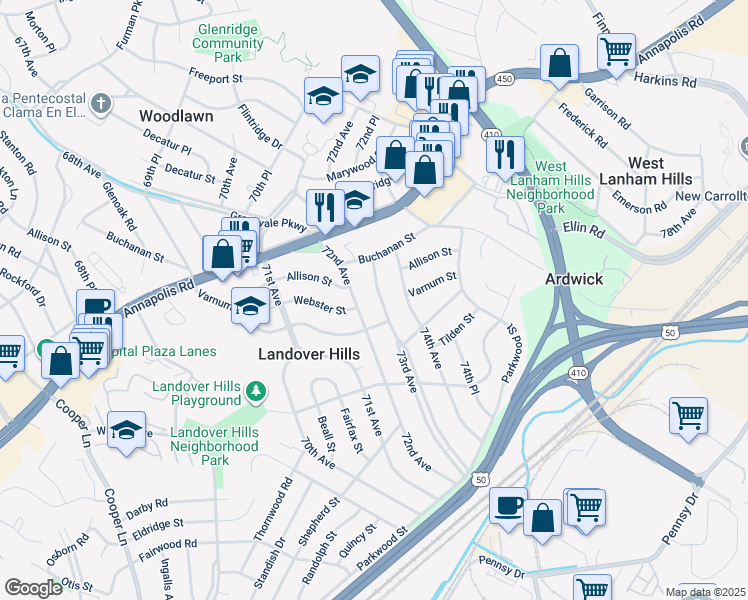 map of restaurants, bars, coffee shops, grocery stores, and more near 4408 73rd Avenue in Hyattsville