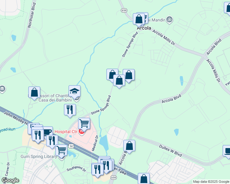 map of restaurants, bars, coffee shops, grocery stores, and more near 24340 Stone Springs Boulevard in Sterling