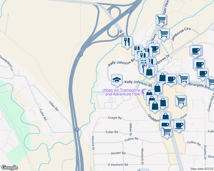 map of restaurants, bars, coffee shops, grocery stores, and more near 1277 Kelly Johnson Boulevard in Colorado Springs