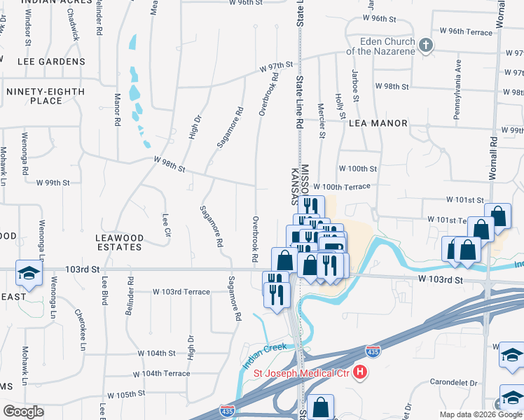 map of restaurants, bars, coffee shops, grocery stores, and more near 9818 Overbrook Road in Leawood