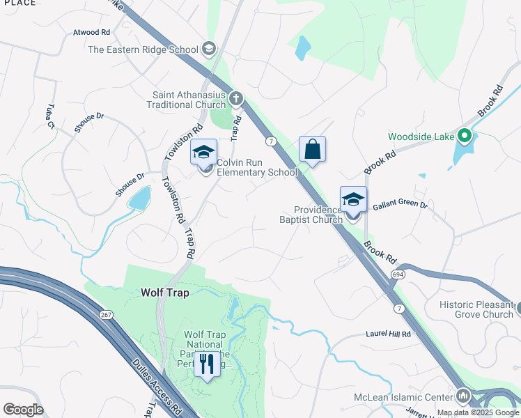 map of restaurants, bars, coffee shops, grocery stores, and more near 1401 Hidden Hill Lane in Vienna