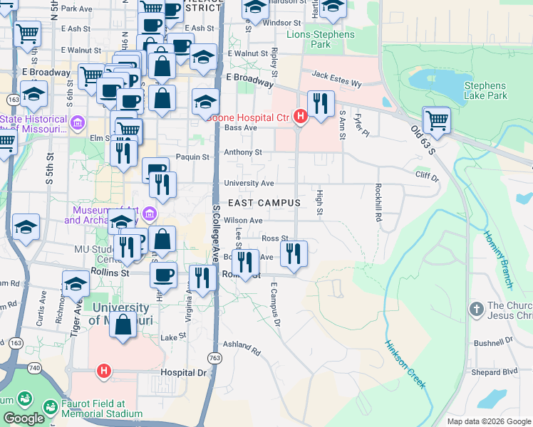 map of restaurants, bars, coffee shops, grocery stores, and more near 1416 Wilson Avenue in Columbia