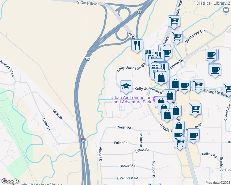 map of restaurants, bars, coffee shops, grocery stores, and more near 1277 Kelly Johnson Boulevard in Colorado Springs