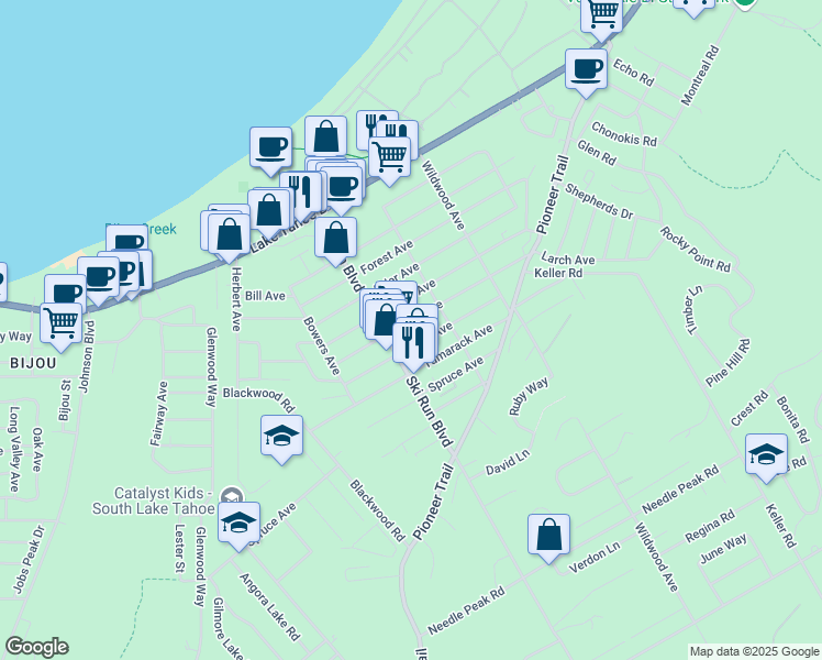 map of restaurants, bars, coffee shops, grocery stores, and more near 3670 Birch Avenue in South Lake Tahoe
